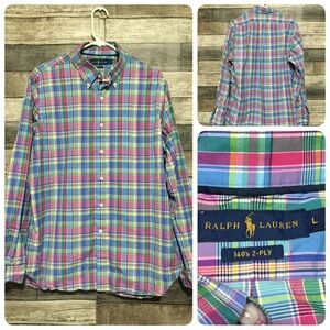 Ralph Lauren 140’s 2 Ply Madras Plaid Button Up Shirt Men’s L Pink Blue